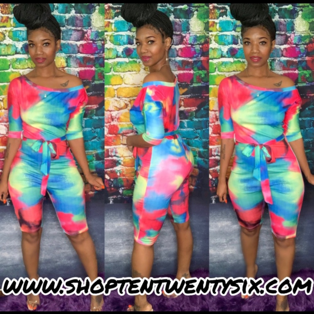 Tie Dye Print One Shoulder Top Shorts Set